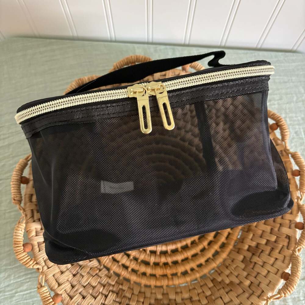 Black Mesh Travel Toiletry and Makeup Organizer Bag with Gold Zipper